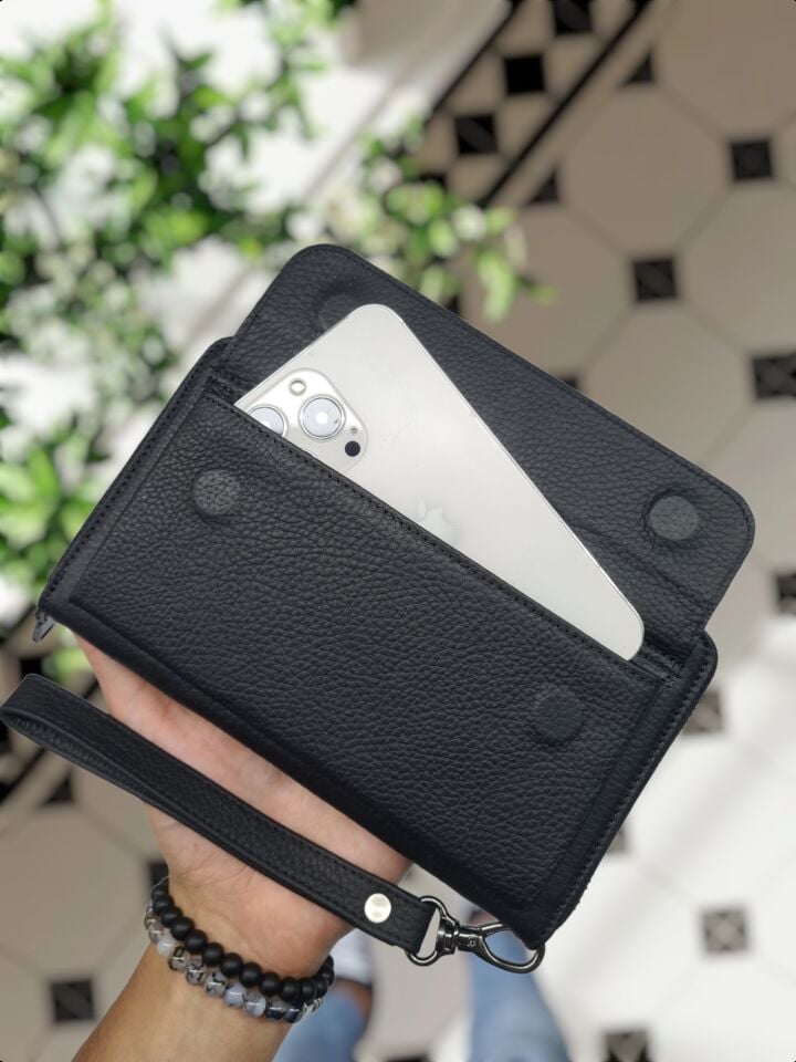 VİSSO 453 Hakiki Deri Fermuarlı El Çantası SİYAH GUTTY