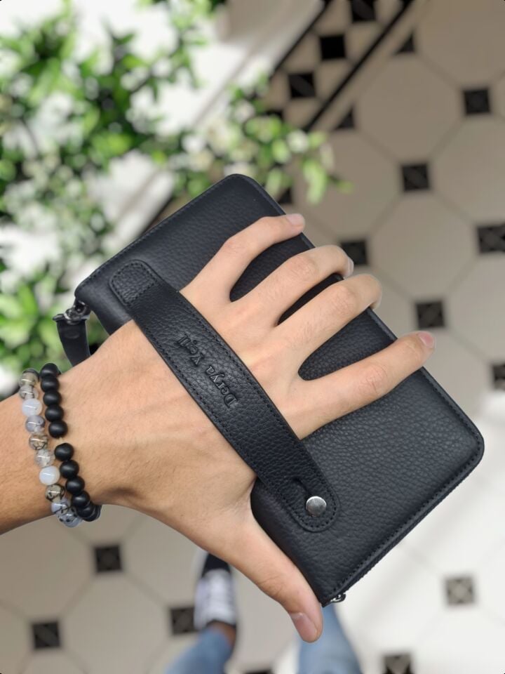 VİSSO 453 Hakiki Deri Fermuarlı El Çantası SİYAH GUTTY