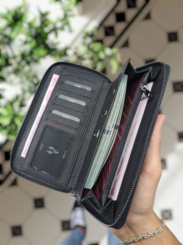 VİSSO 453 Hakiki Deri Fermuarlı El Çantası SİYAH GUTTY