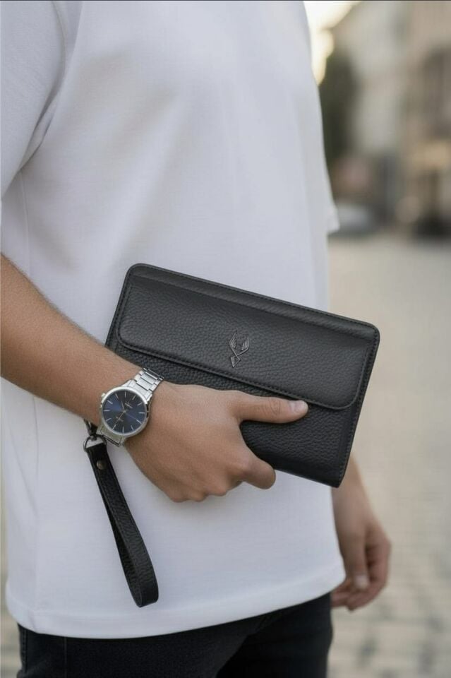 VİSSO 453 Hakiki Deri Fermuarlı El Çantası SİYAH GUTTY