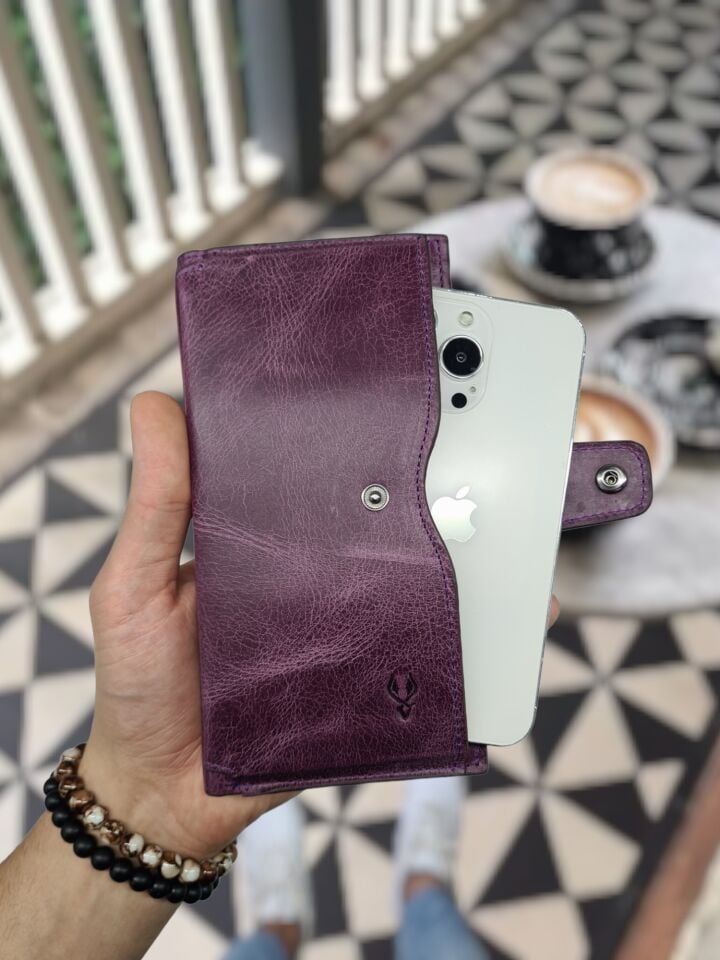 VİSSO 903 Hakiki Deri Kişiye Özel Telefon Hazneli Dıştan Çıtçıtlı Cüzdan El Çantası Mor Gül