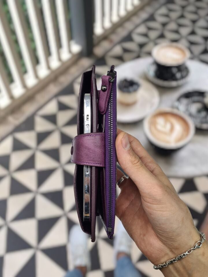 VİSSO 903 Hakiki Deri Kişiye Özel Telefon Hazneli Dıştan Çıtçıtlı Cüzdan El Çantası Mor Gül