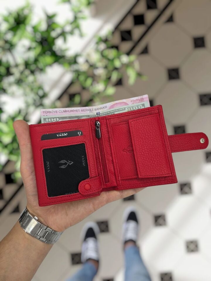 VİSSO 112 Kırmızı Renk Dıştan Çıtçıtlı Bozuk Para Cepli Unisex İsme Kişiye Özel Hakiki Deri Cüzdan Günlük Ve Özel Gün Hediye