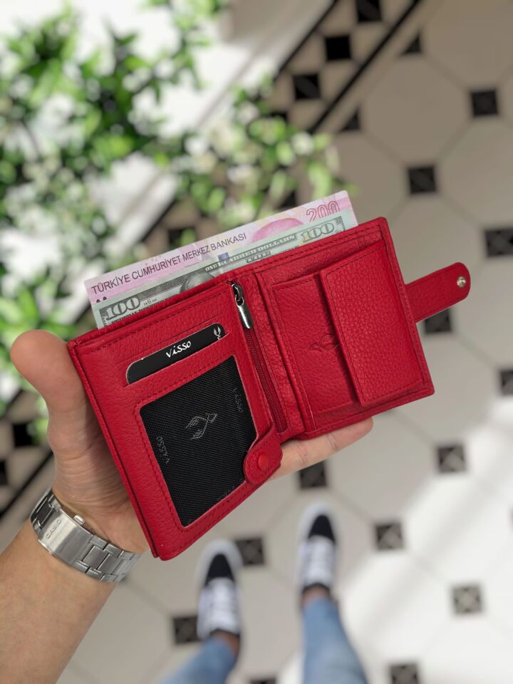 VİSSO 112 Kırmızı Renk Dıştan Çıtçıtlı Bozuk Para Cepli Unisex İsme Kişiye Özel Hakiki Deri Cüzdan Günlük Ve Özel Gün Hediye