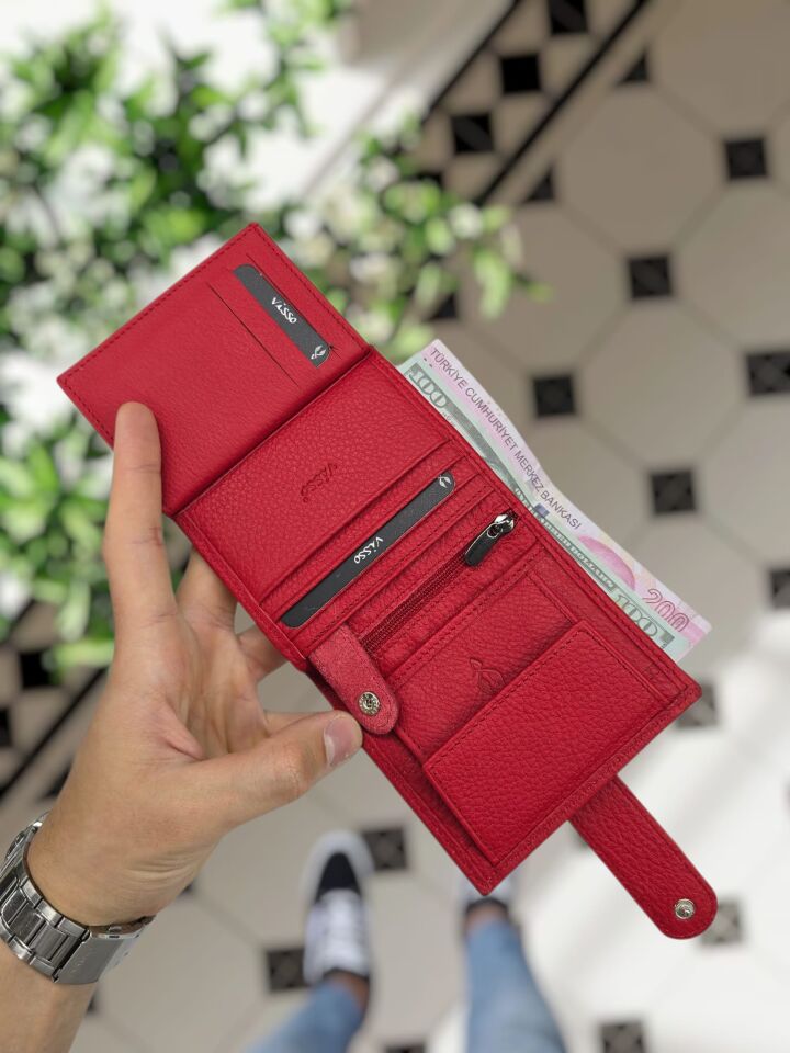 VİSSO 112 Kırmızı Renk Dıştan Çıtçıtlı Bozuk Para Cepli Unisex İsme Kişiye Özel Hakiki Deri Cüzdan Günlük Ve Özel Gün Hediye