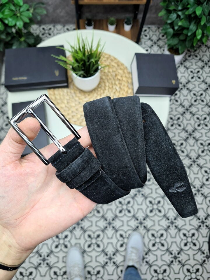 VİSSO Syah Nubuk Hakiki Deri Deri 3,5 cm Kemer