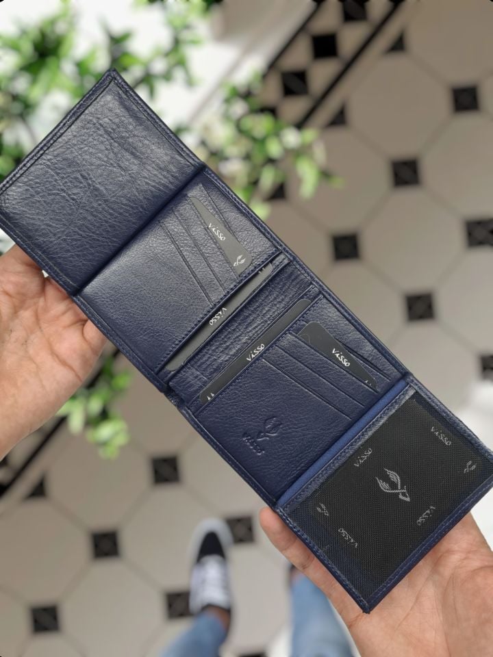VİSSO 1131 HAKİKİ ORJİNAL DERİ ÇANTA  3 ADET KİMLİK KART GÖZLÜ FERMUARLI KADIN ERKEK CÜZDAN Kara Kuvvetleri Metal Rozetli LACİVERT
