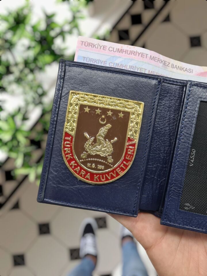 VİSSO 1131 HAKİKİ ORJİNAL DERİ ÇANTA  3 ADET KİMLİK KART GÖZLÜ FERMUARLI KADIN ERKEK CÜZDAN Kara Kuvvetleri Metal Rozetli LACİVERT