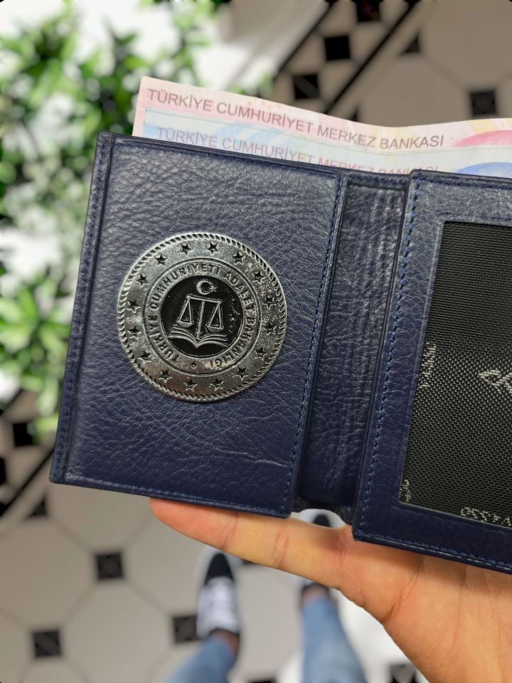 VİSSO 1131 HAKİKİ ORJİNAL DERİ ÇANTA  3 ADET KİMLİK KART GÖZLÜ FERMUARLI KADIN ERKEK CÜZDAN   Adalet bakanlığı Metal Rozetli LACİVERT