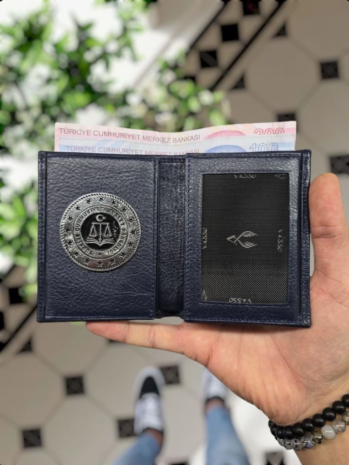 VİSSO 1131 HAKİKİ ORJİNAL DERİ ÇANTA  3 ADET KİMLİK KART GÖZLÜ FERMUARLI KADIN ERKEK CÜZDAN   Adalet bakanlığı Metal Rozetli LACİVERT