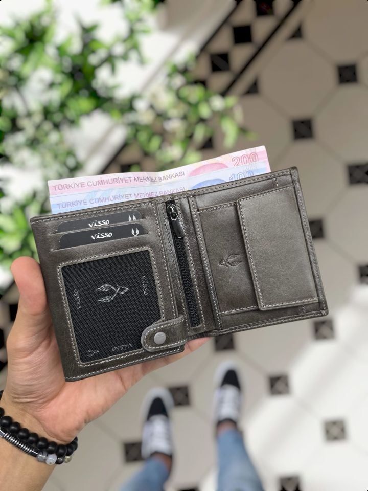 VİSSO 111 CEPLİ HAKİKİ DERİ ÇANTA İSME ÖZEL BOZUK PARA CEPLİ FERMUARLI ÇITÇITLI KADIN ERKEK CÜZDAN BAY GRİ NATURAL CRAYZ