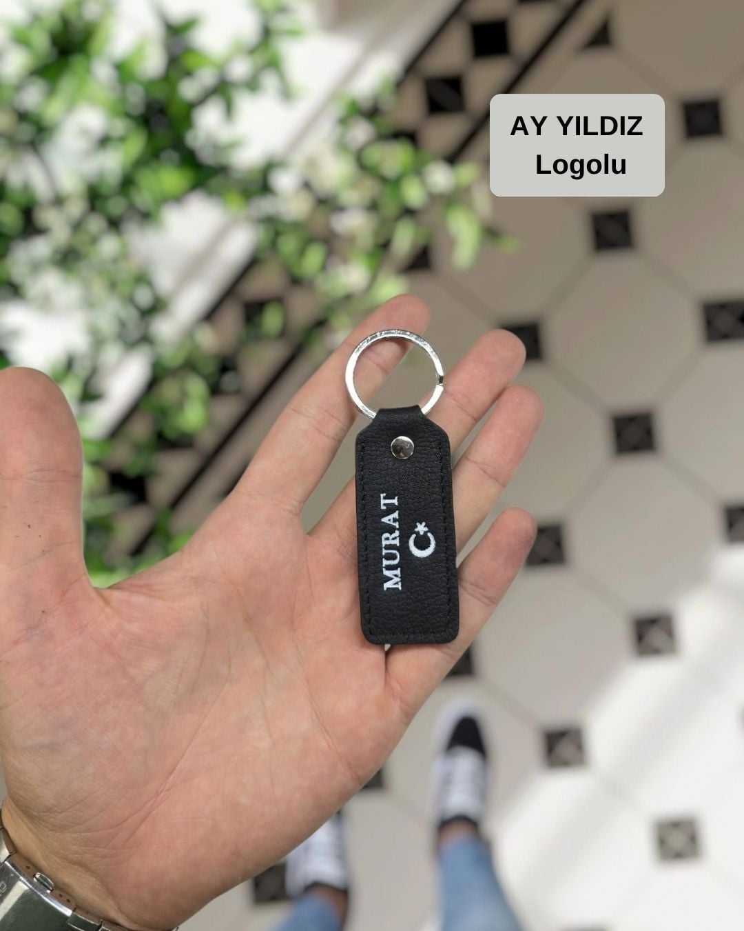Visso 1020 Hakiki Deri Anahtarlık - Kişiye Özel Deri Anahtarlık Çanta Siyah Renk AY YILDIZ LOGO
