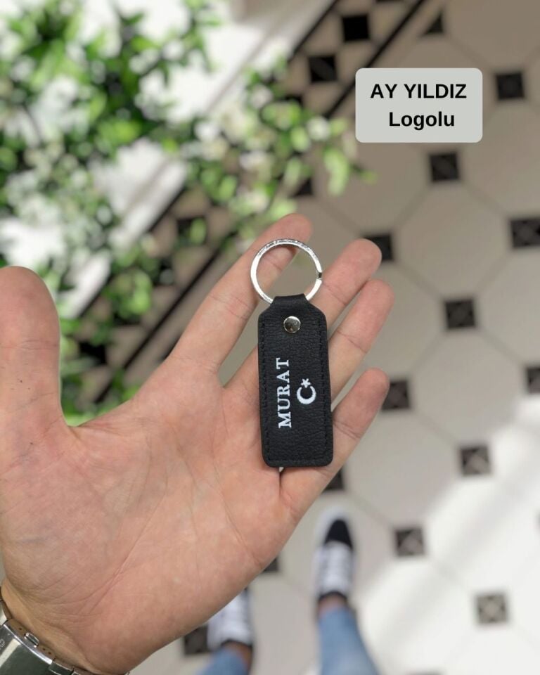 Visso 1020 Hakiki Deri Anahtarlık - Kişiye Özel Deri Anahtarlık Çanta Siyah Renk AY YILDIZ LOGO