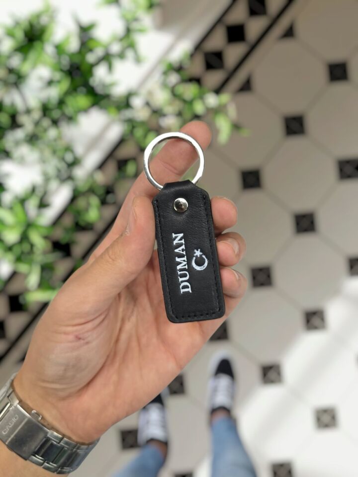 Visso 1020 Hakiki Deri Anahtarlık - Kişiye Özel Deri Anahtarlık Çanta Siyah Renk AY YILDIZ LOGO
