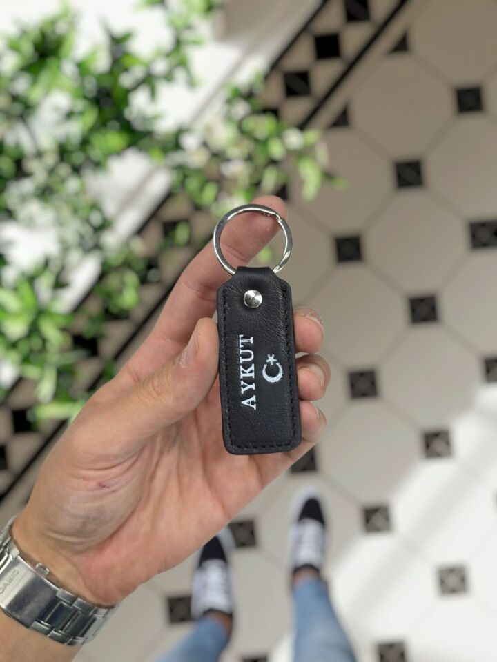 Visso 1020 Hakiki Deri Anahtarlık - Kişiye Özel Deri Anahtarlık Çanta Siyah Renk AY YILDIZ LOGO