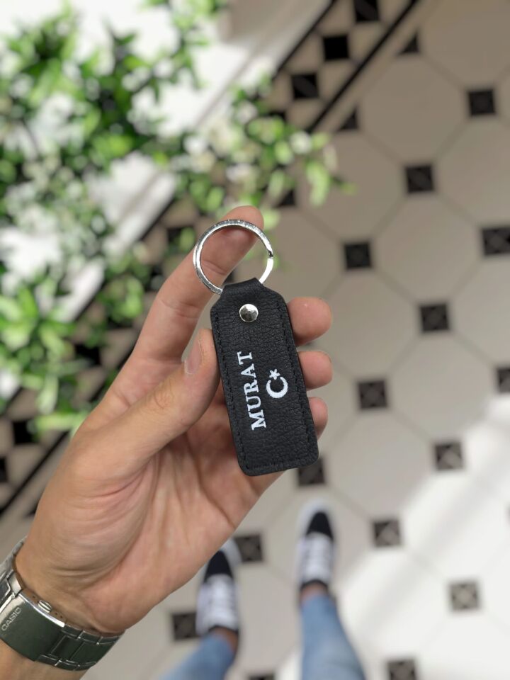 Visso 1020 Hakiki Deri Anahtarlık - Kişiye Özel Deri Anahtarlık Çanta Siyah Renk AY YILDIZ LOGO