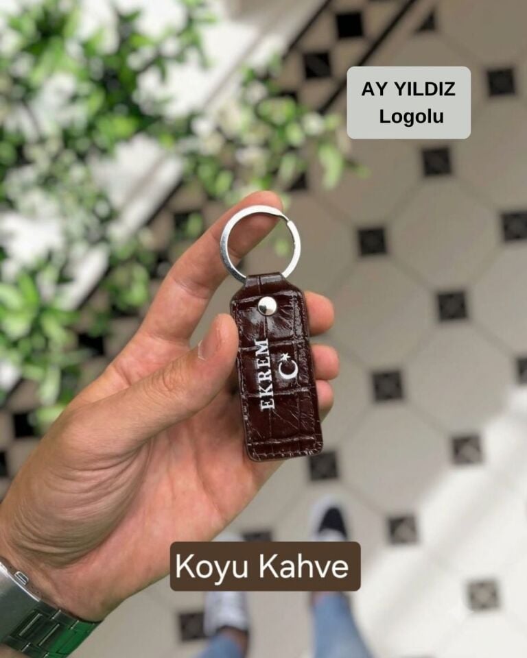 Visso 1020 Hakiki Deri Anahtarlık - Kişiye Özel Deri Anahtarlık Çanta Kahve Croco AY YILDIZ LOGO