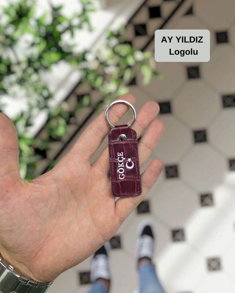 Visso 1020 Hakiki Deri Anahtarlık - Kişiye Özel Deri Anahtarlık Çanta Bordo Croco AY YILDIZ LOGO