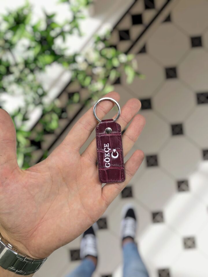 Visso 1020 Hakiki Deri Anahtarlık - Kişiye Özel Deri Anahtarlık Çanta Bordo Croco AY YILDIZ LOGO