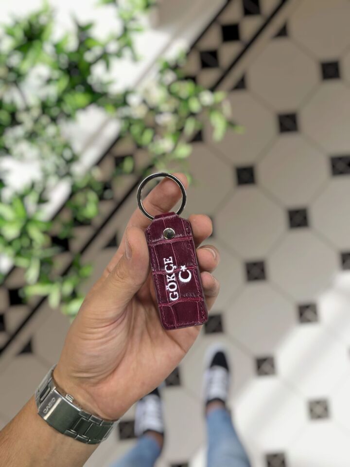 Visso 1020 Hakiki Deri Anahtarlık - Kişiye Özel Deri Anahtarlık Çanta Bordo Croco AY YILDIZ LOGO