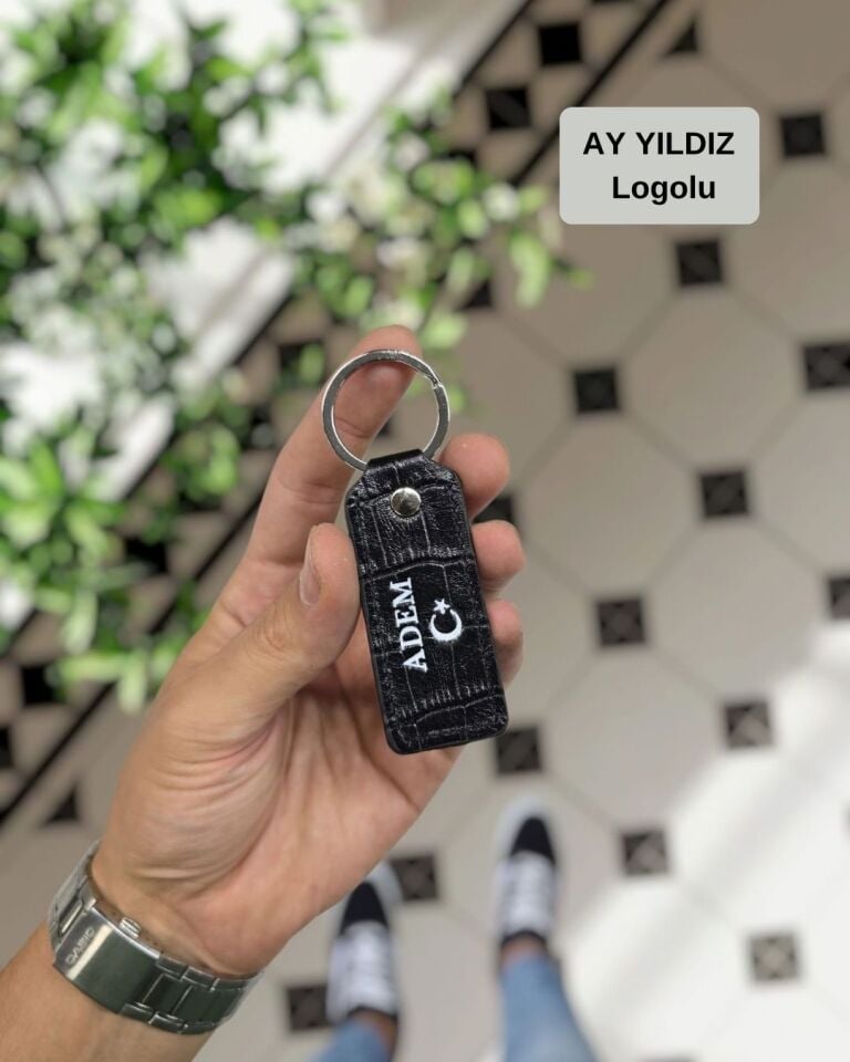 Visso 1020 Hakiki Deri Anahtarlık - Kişiye Özel Deri Anahtarlık Çanta Siyah Croco AY YILDIZ LOGO