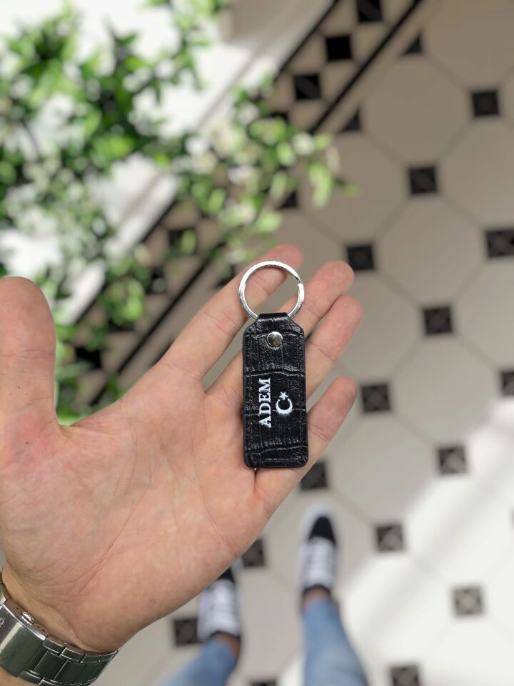 Visso 1020 Hakiki Deri Anahtarlık - Kişiye Özel Deri Anahtarlık Çanta Siyah Croco AY YILDIZ LOGO