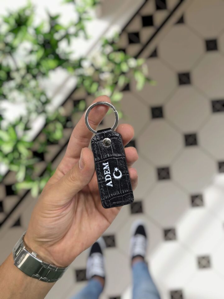 Visso 1020 Hakiki Deri Anahtarlık - Kişiye Özel Deri Anahtarlık Çanta Siyah Croco AY YILDIZ LOGO