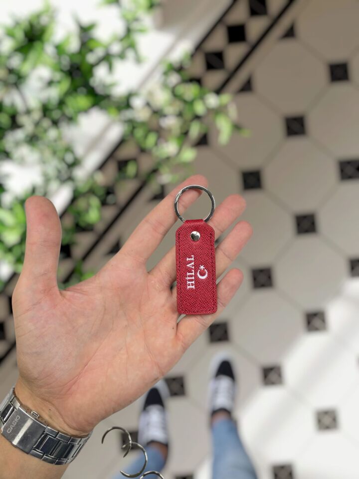Visso 1020 Hakiki Deri Anahtarlık - Kişiye Özel Deri Anahtarlık Kırmızı PRD Ay Yıldız LOGO