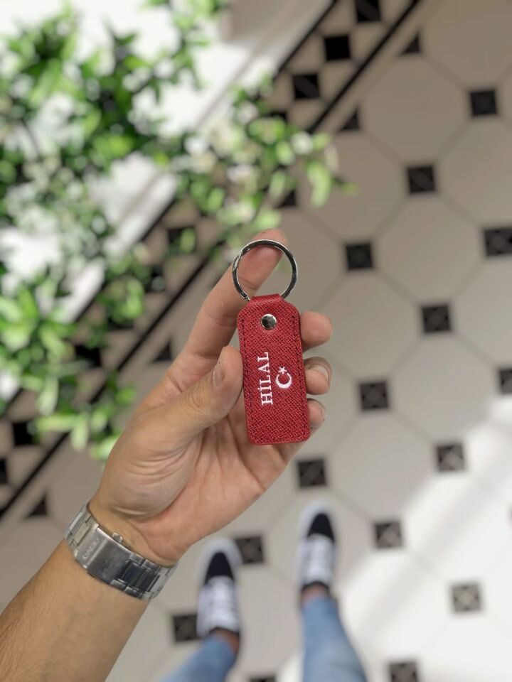 Visso 1020 Hakiki Deri Anahtarlık - Kişiye Özel Deri Anahtarlık Kırmızı PRD Ay Yıldız LOGO