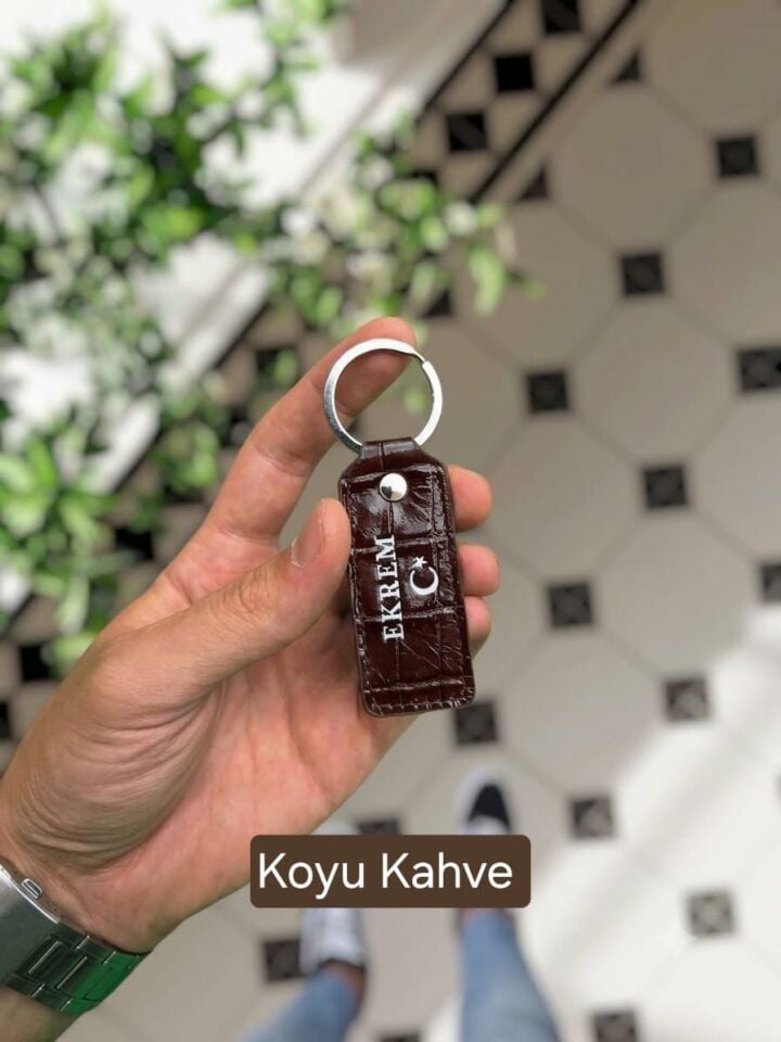 Visso 1020 Hakiki Deri Anahtarlık - Kişiye Özel Deri Anahtarlık Çanta Kahve Croco AY YILDIZ LOGO