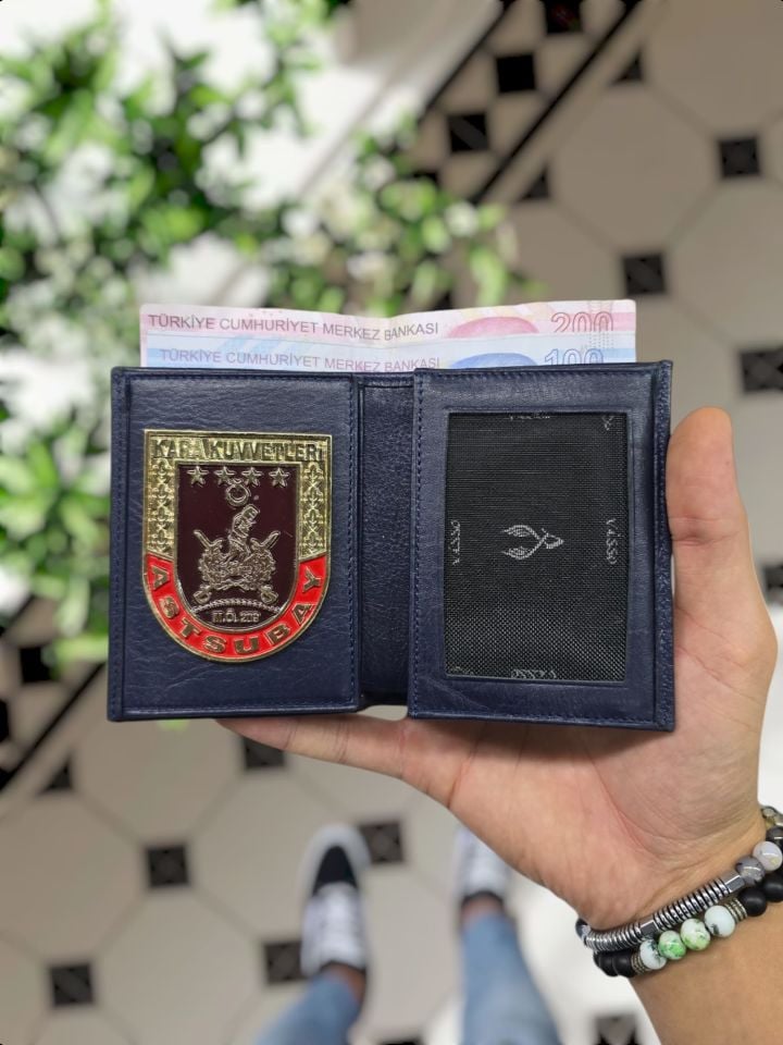 VİSSO 1131 HAKİKİ ORJİNAL DERİ ÇANTA  3 ADET KİMLİK KART GÖZLÜ FERMUARLI KADIN ERKEK CÜZDAN  Astsubay Metal Rozetli LACİVERT