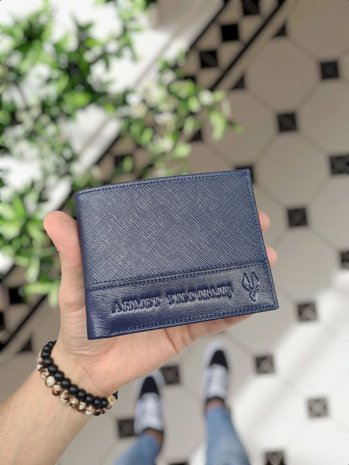 VİSSO 1272 HAKİKİ DERİ ÇANTA İSME ÖZEL  HEDİYELİK CÜZDAN Lacivert Prada