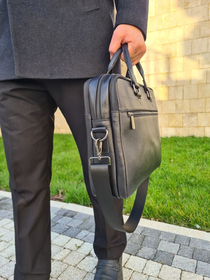 VİSSO 1071 Hakiki Deri Askılı Omuzda Ve Elde Taşınabilen Evrak & Notebook Laptop Çantası Siyah Deri