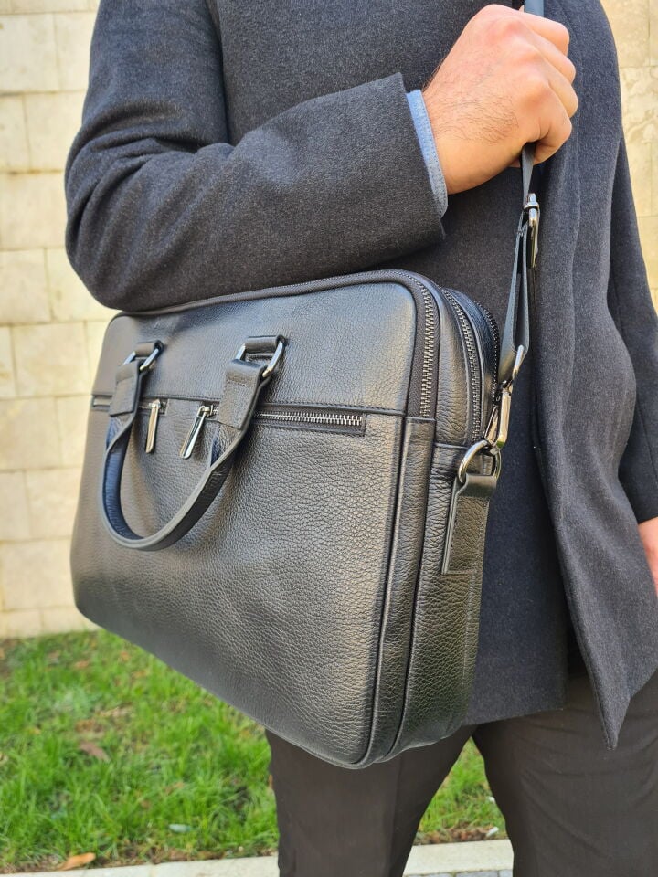 VİSSO 1071 Hakiki Deri Askılı Omuzda Ve Elde Taşınabilen Evrak & Notebook Laptop Çantası Siyah Deri