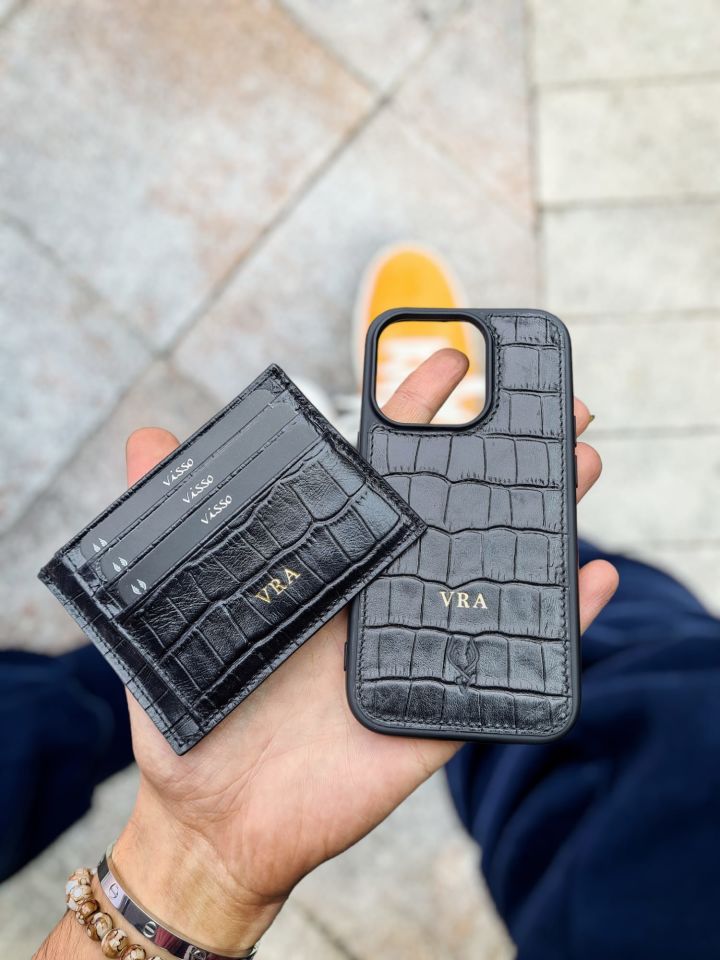 VİSSO 606 Hakiki Deri Çanta Kartlık + Telefon Kılıfı Kadın Erkek Deri Çanta Set  6 0 6 SİYAH CROCO + KILIF VİSSO GERÇEK DERİ İPHONE SAMSUNG - Apple DERİ TELEFON KILIFI  Kişiye Özel İsim Baskılı Kadın Erkek Unisex Koruyucu Telefon Kılıfı