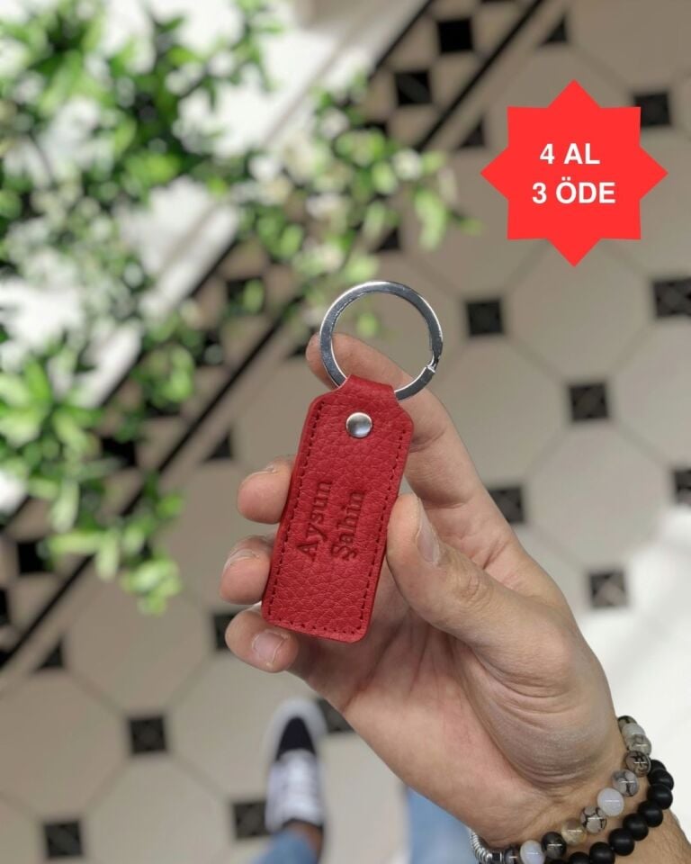 1020  Hakiki Deri Anahtarlık - Kişiye Özel Deri Anahtarlık Çanta  Kırmızı Gutty