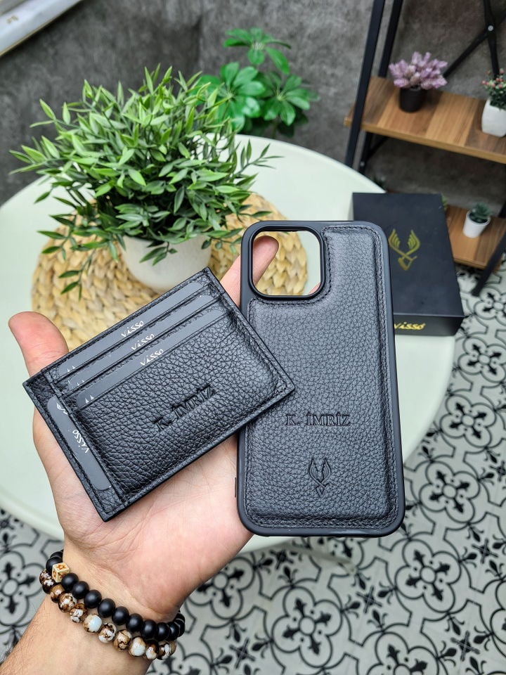 VİSSO 606 Hakiki Deri Çanta Kartlık + Telefon Kılıfı Kadın Erkek Deri Çanta Set  6 0 6 SİYAH gutty + KILIF VİSSO GERÇEK DERİ İPHONE SAMSUNG - Apple DERİ TELEFON KILIFI  Kişiye Özel İsim Baskılı Kadın Erkek Unisex Koruyucu Telefon Kılıfı
