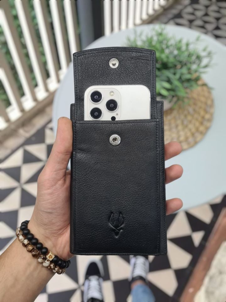 VİSSO 905 Hakiki Deri Kişiye Özel Telefon Hazneli Cüzdan El Çantası Notluk Model Siyah Gutty