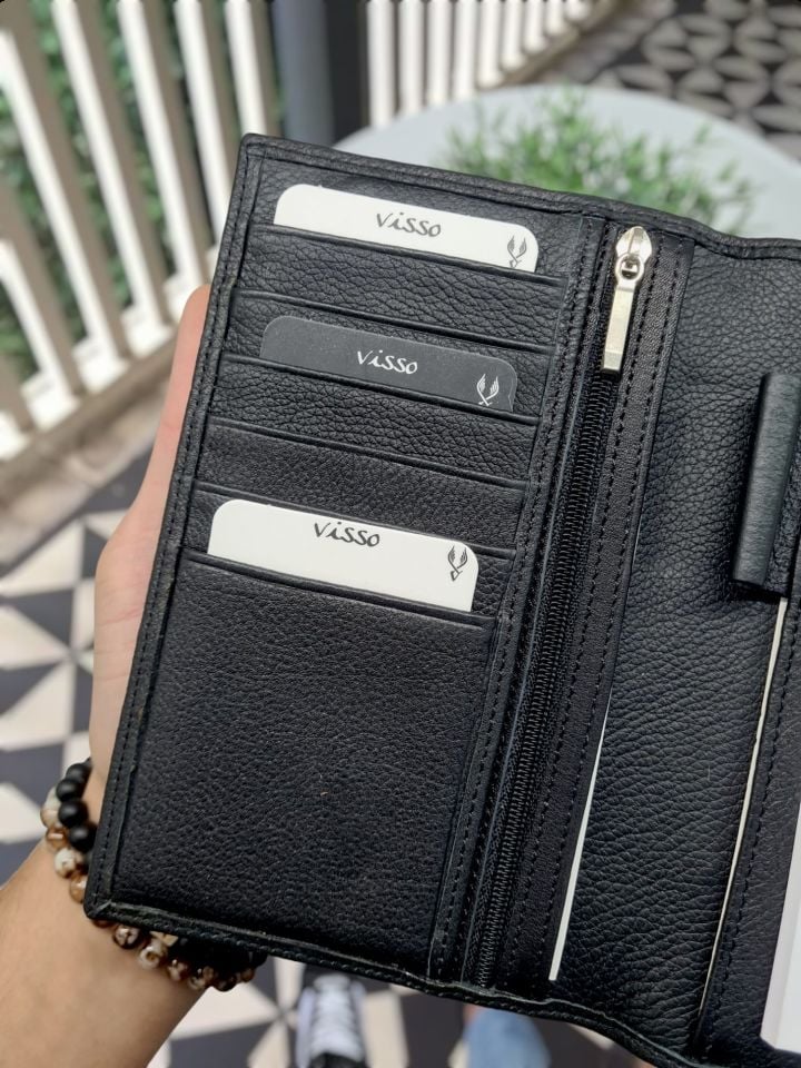 VİSSO 905 Hakiki Deri Kişiye Özel Telefon Hazneli Cüzdan El Çantası Notluk Model Siyah Gutty