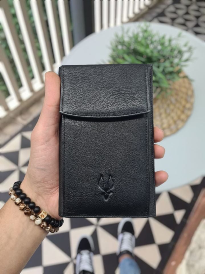 VİSSO 905 Hakiki Deri Kişiye Özel Telefon Hazneli Cüzdan El Çantası Notluk Model Siyah Gutty