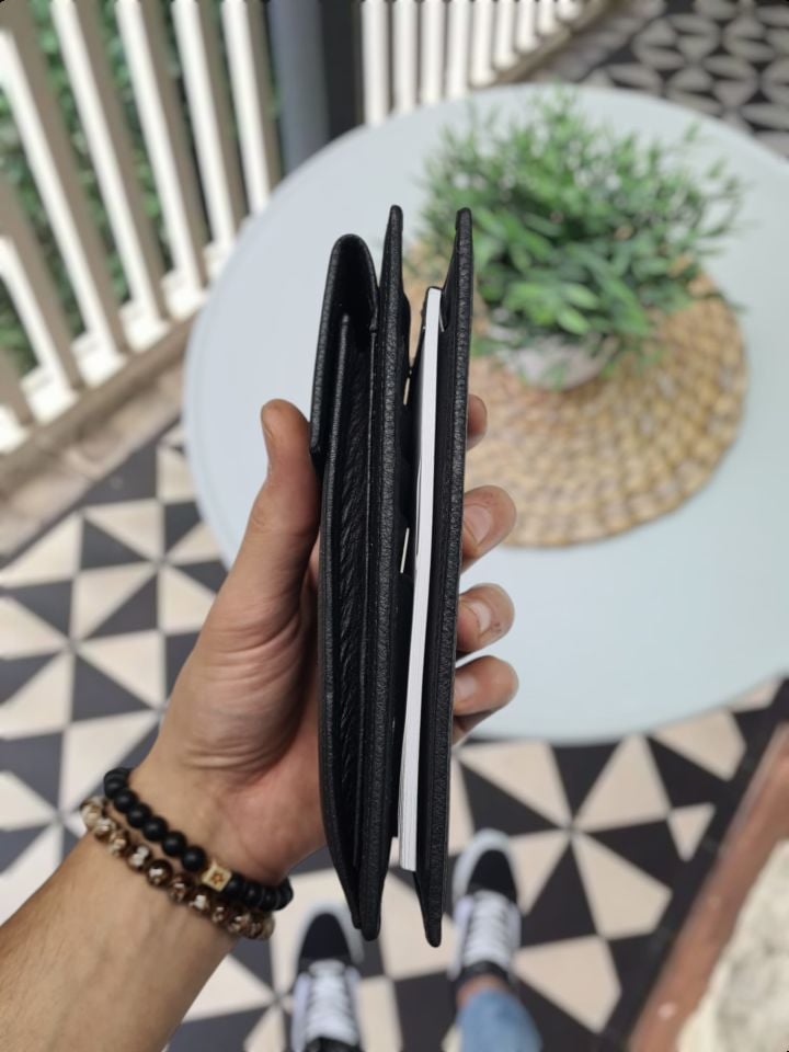 VİSSO 905 Hakiki Deri Kişiye Özel Telefon Hazneli Cüzdan El Çantası Notluk Model Siyah Gutty