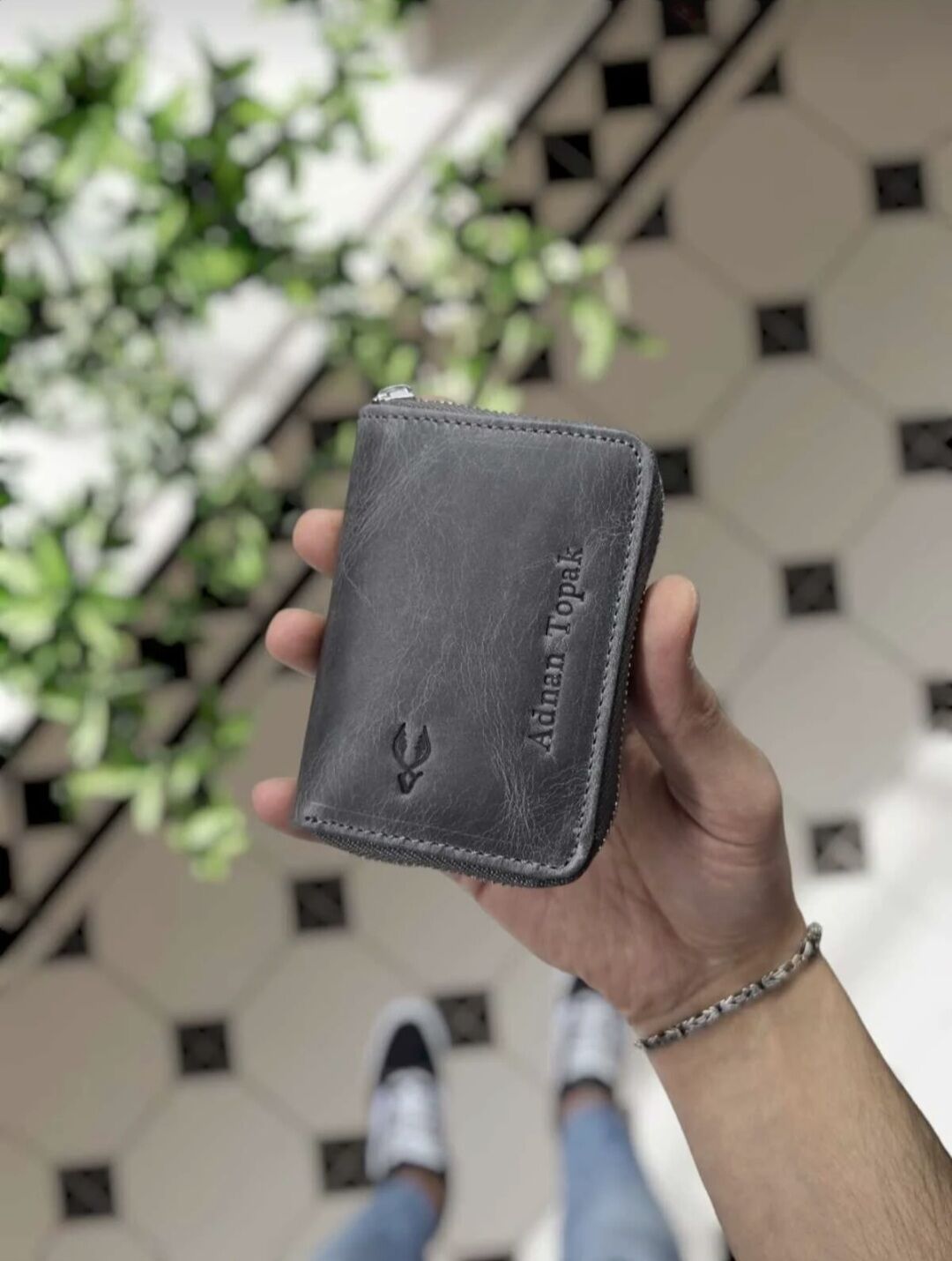 VİSSO 661 Fermuarlı Kredi Kartlık Model Hakiki Deri Çanta Kişiye Özel GRİ CRAYZ RENK DERİ