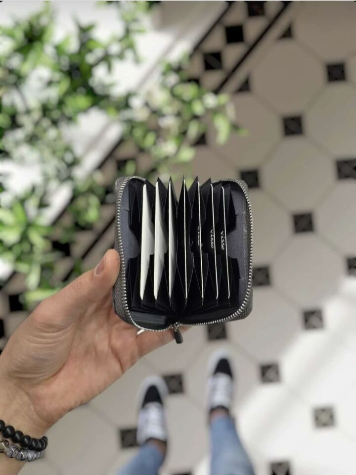 VİSSO 661 Fermuarlı Kredi Kartlık Model Hakiki Deri Çanta Kişiye Özel GRİ CRAYZ RENK DERİ