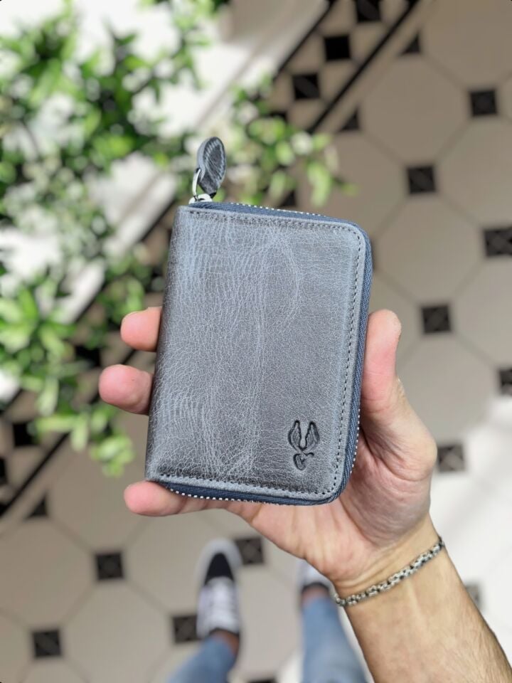 VİSSO 661 Fermuarlı Kredi Kartlık Model Hakiki Deri Çanta Kişiye Özel GRİ CRAYZ RENK DERİ