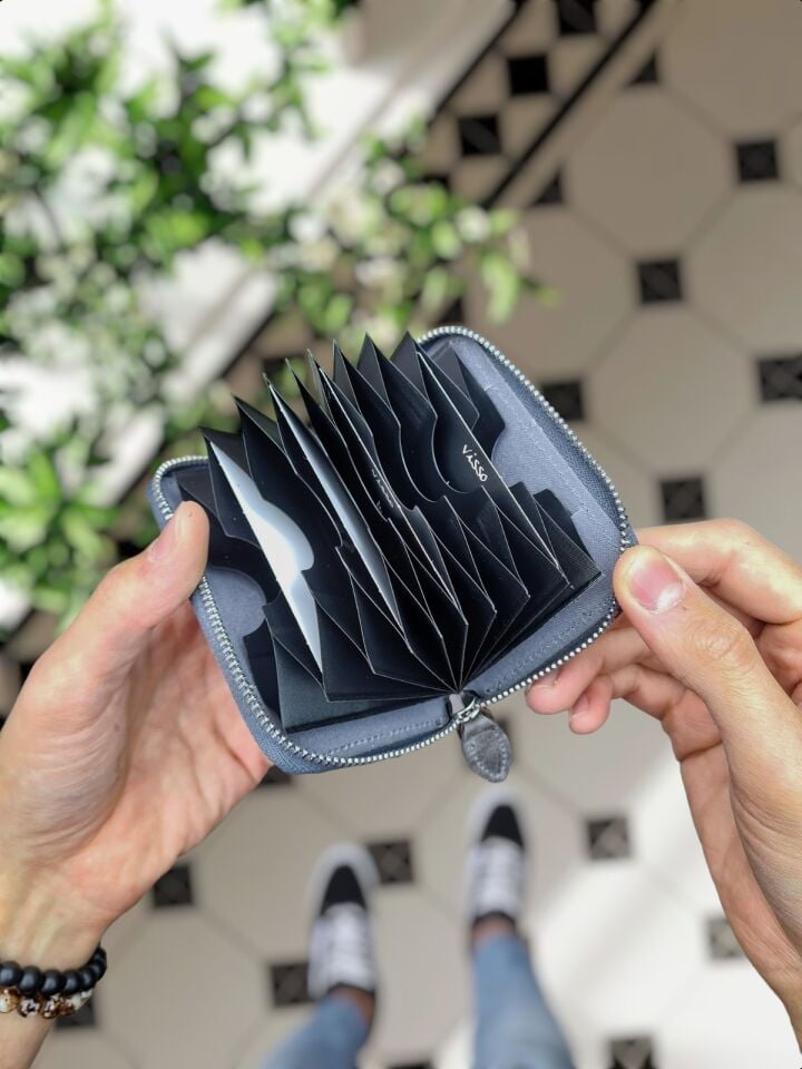 VİSSO 661 Fermuarlı Kredi Kartlık Model Hakiki Deri Çanta Kişiye Özel GRİ CRAYZ RENK DERİ