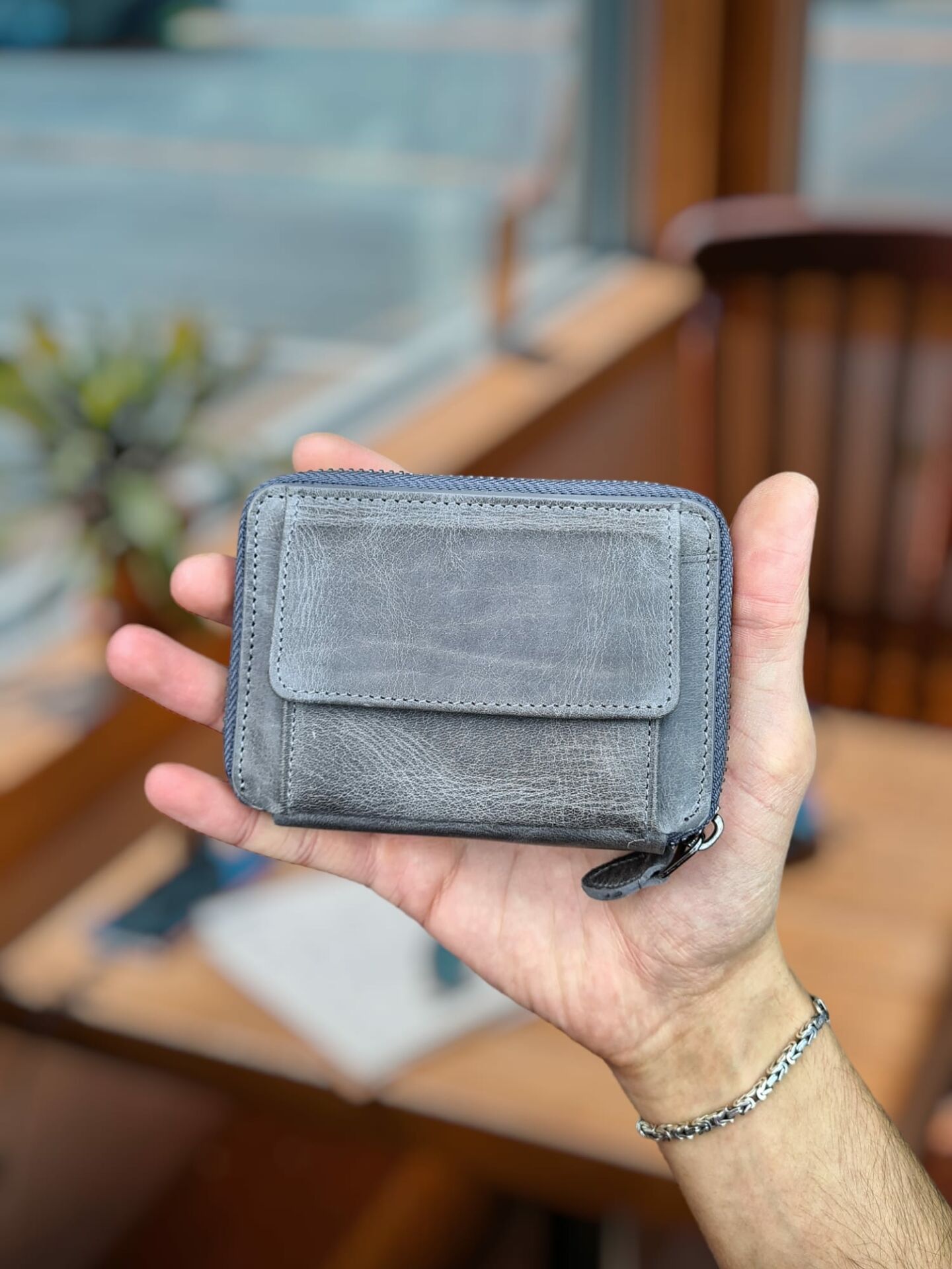 Visso 710 Hakiki Deri Fermuarlı Bozuk Para Cepli Kişiye Özel Erkek Kadın Cüzdan Deri Çanta Gri Natural Crayz