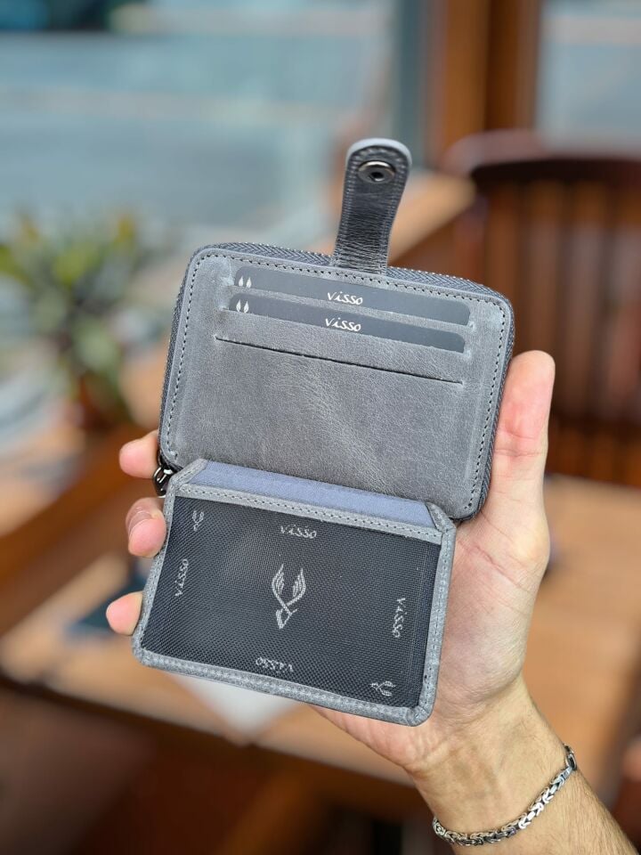 Visso 710 Hakiki Deri Fermuarlı Bozuk Para Cepli Kişiye Özel Erkek Kadın Cüzdan Deri Çanta Gri Natural Crayz