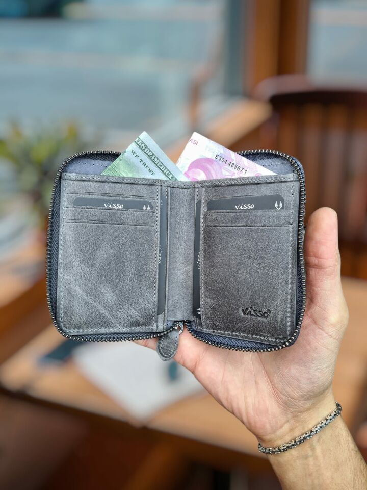 Visso 710 Hakiki Deri Fermuarlı Bozuk Para Cepli Kişiye Özel Erkek Kadın Cüzdan Deri Çanta Gri Natural Crayz