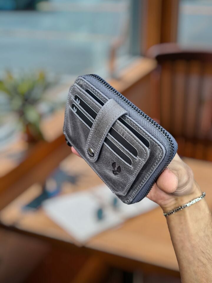 Visso 710 Hakiki Deri Fermuarlı Bozuk Para Cepli Kişiye Özel Erkek Kadın Cüzdan Deri Çanta Gri Natural Crayz