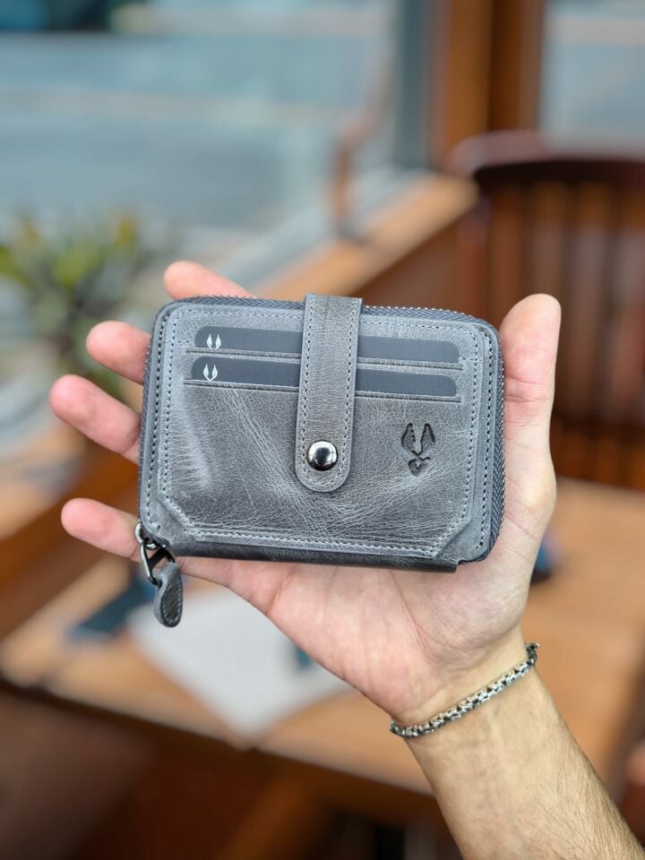 Visso 710 Hakiki Deri Fermuarlı Bozuk Para Cepli Kişiye Özel Erkek Kadın Cüzdan Deri Çanta Gri Natural Crayz